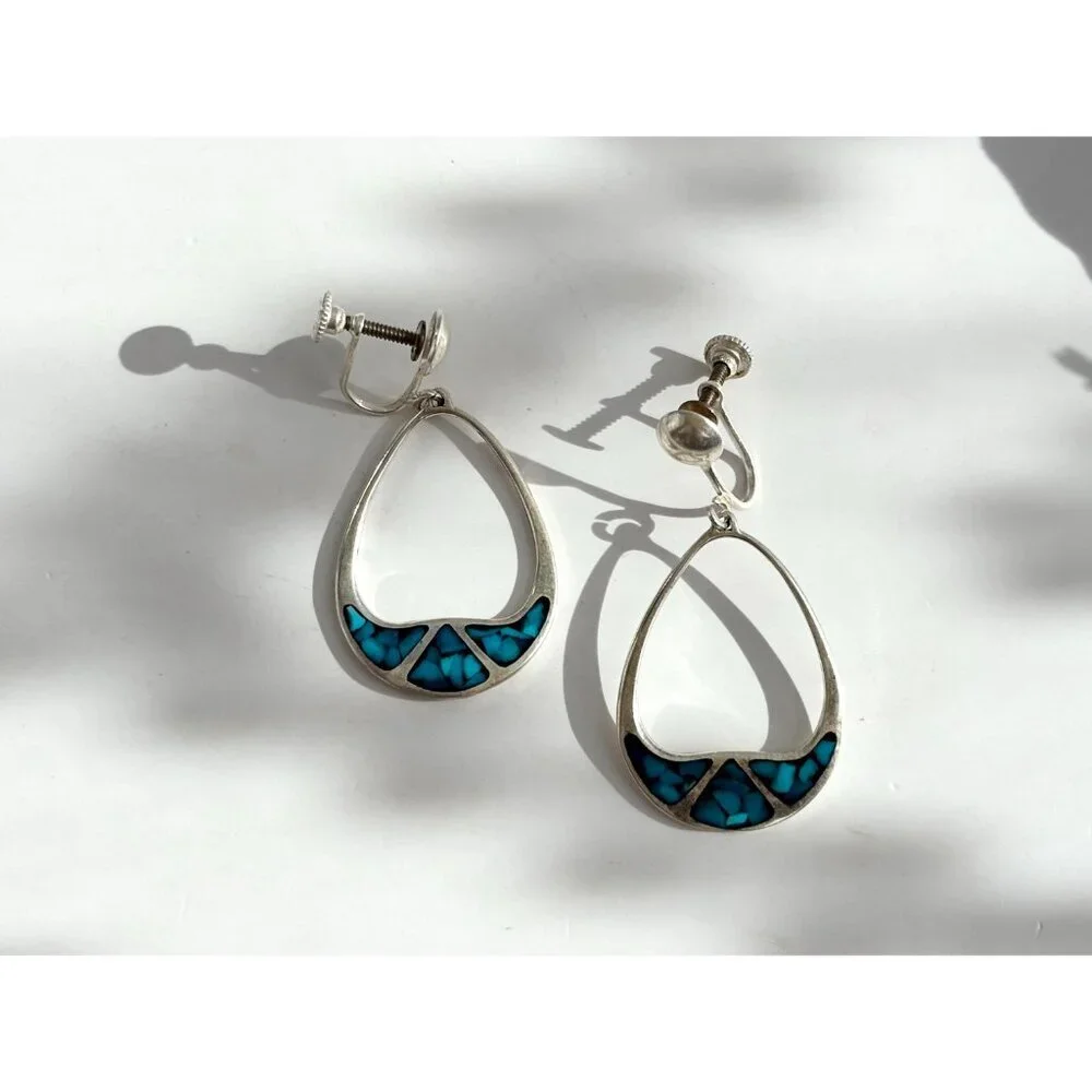 Teardrop Hoop Turquoise Screw Back SW Vintage Sterling Silver 925 Earrings